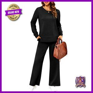 Comfy 2-Piece Lounge Set with Side Slit Tops and Wide Leg Pants S-3XL